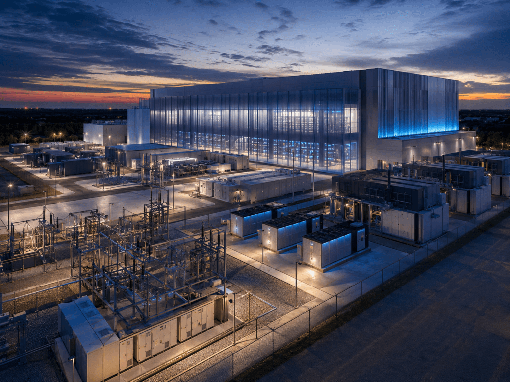 Modern data center campus at dusk with substation equipment, backup generation, battery energy storage containers, and electrical infrastructure.