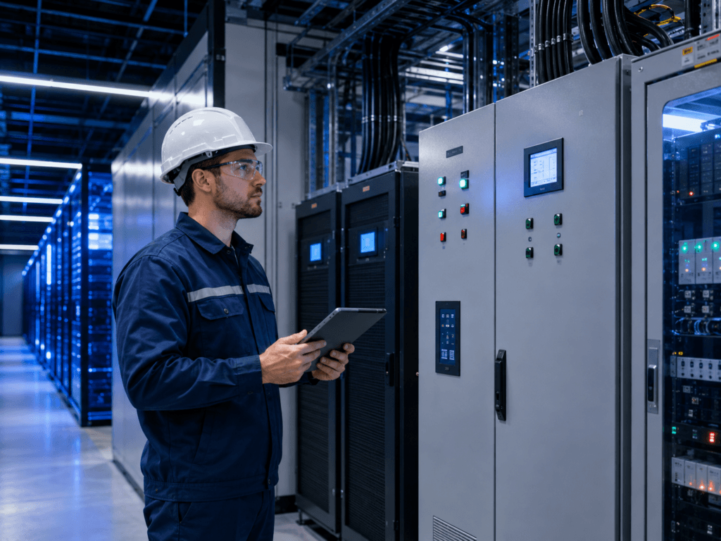 Electrical engineer inspecting critical power equipment and monitoring panels inside a modern data center electrical room.