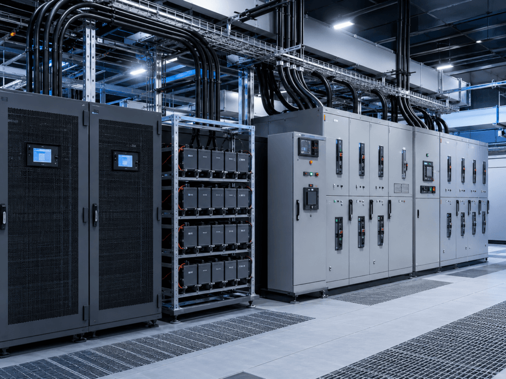 Critical power room with UPS cabinets, battery energy storage modules, switchgear panels, and organized heavy cabling for resilient electrical distribution.