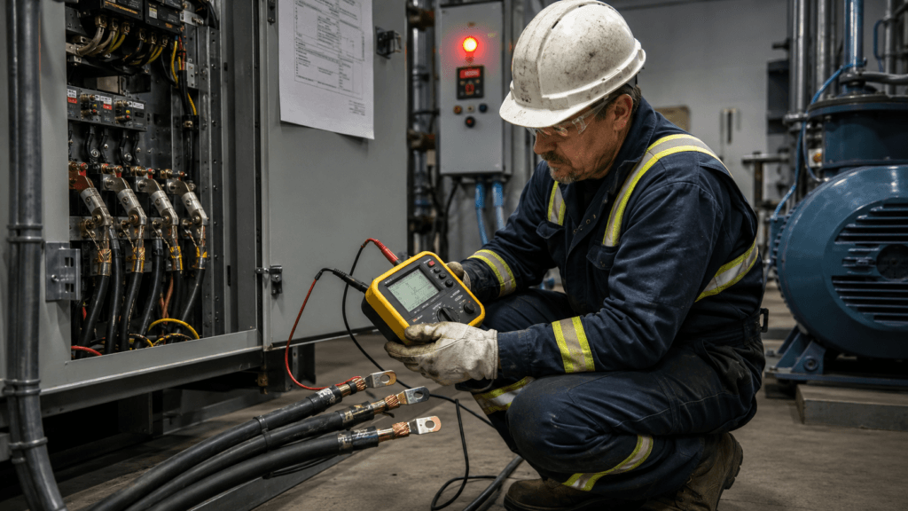 Electrical technician testing a motor feeder cable with a megger after repeated trips under load