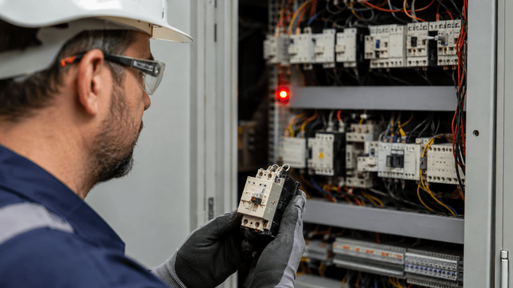 Maintenance engineer inspecting a control panel while holding a replaced relay during troubleshooting