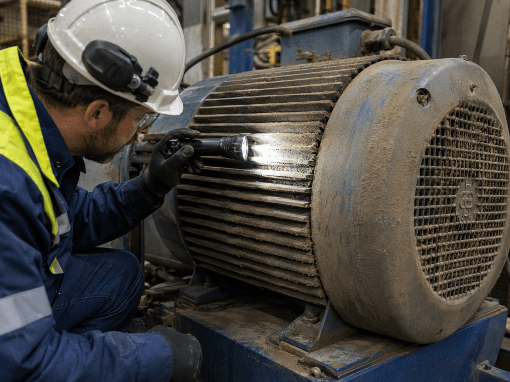 Technician inspecting dust-blocked cooling fins and fan cover on an industrial electric motor