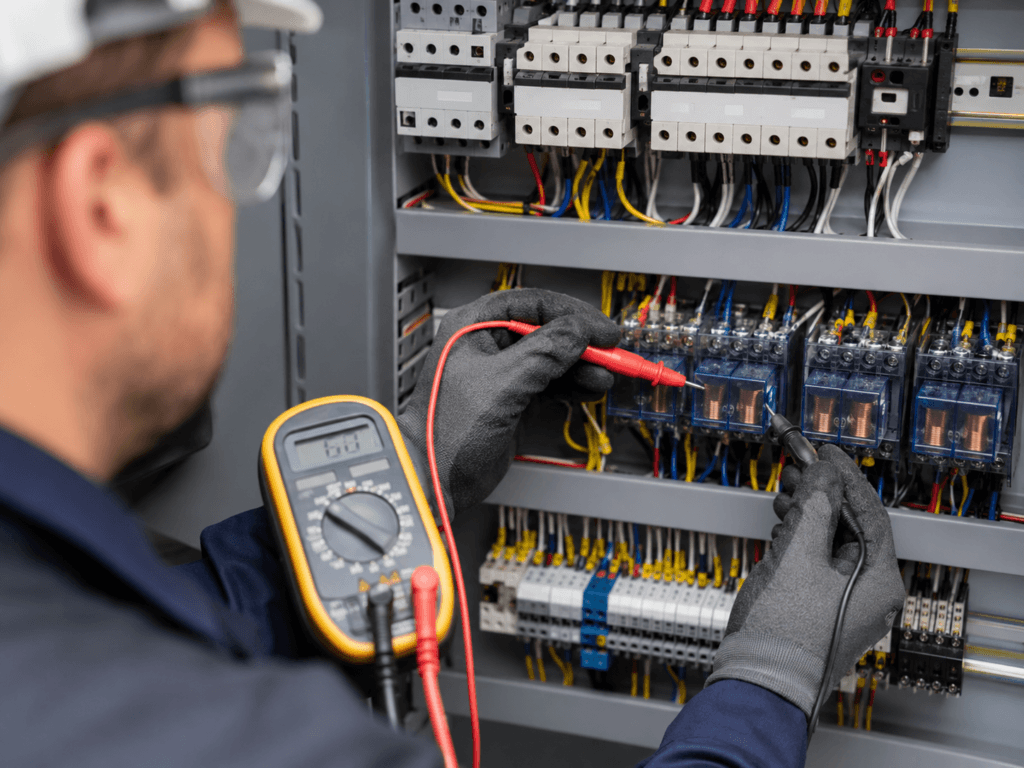 Technician measuring control voltage across relay terminals inside an electrical control panel