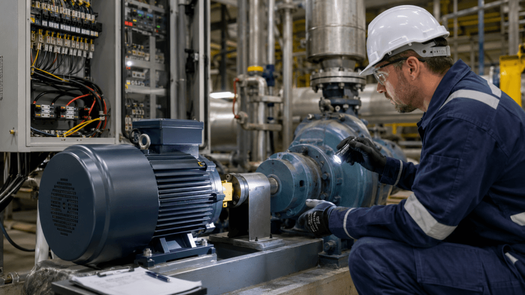Technician inspecting the motor, coupling, and driven equipment before approving a restart