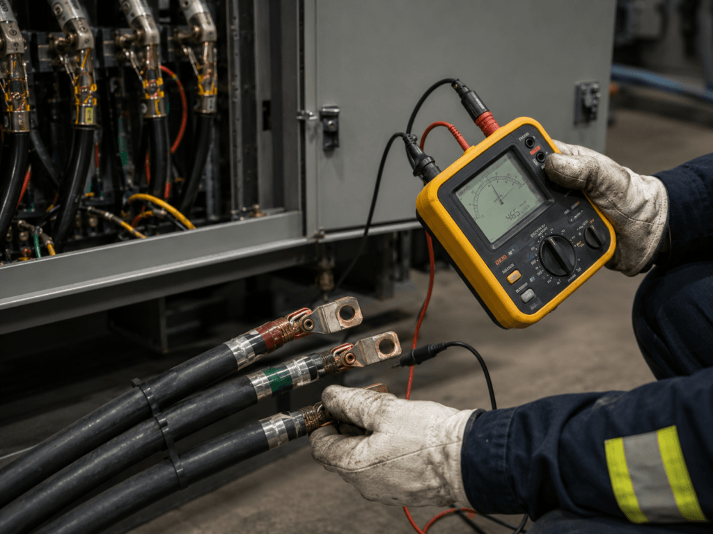 Insulation resistance test being performed on a disconnected three-phase motor cable
