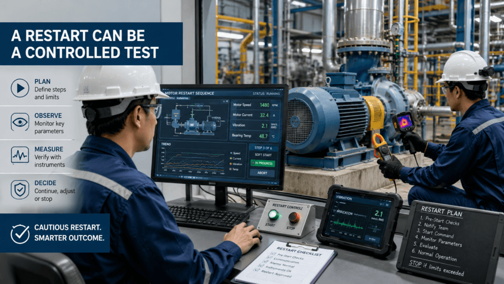 Engineers monitoring motor current, vibration, and temperature during a controlled equipment restart