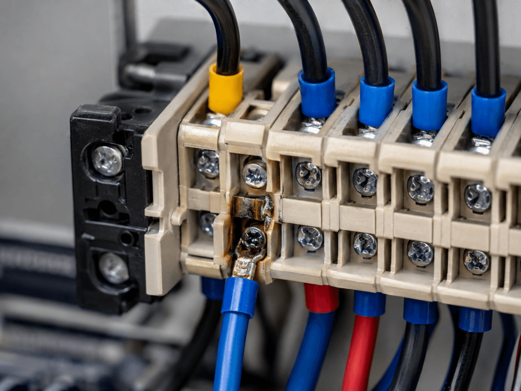 Close-up of a damaged and overheated terminal connection inside an industrial control panel