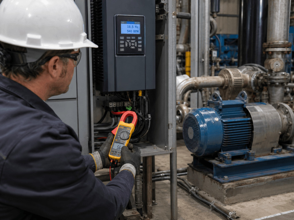 Technician checking a VFD-driven motor operating at low speed while measuring electrical current