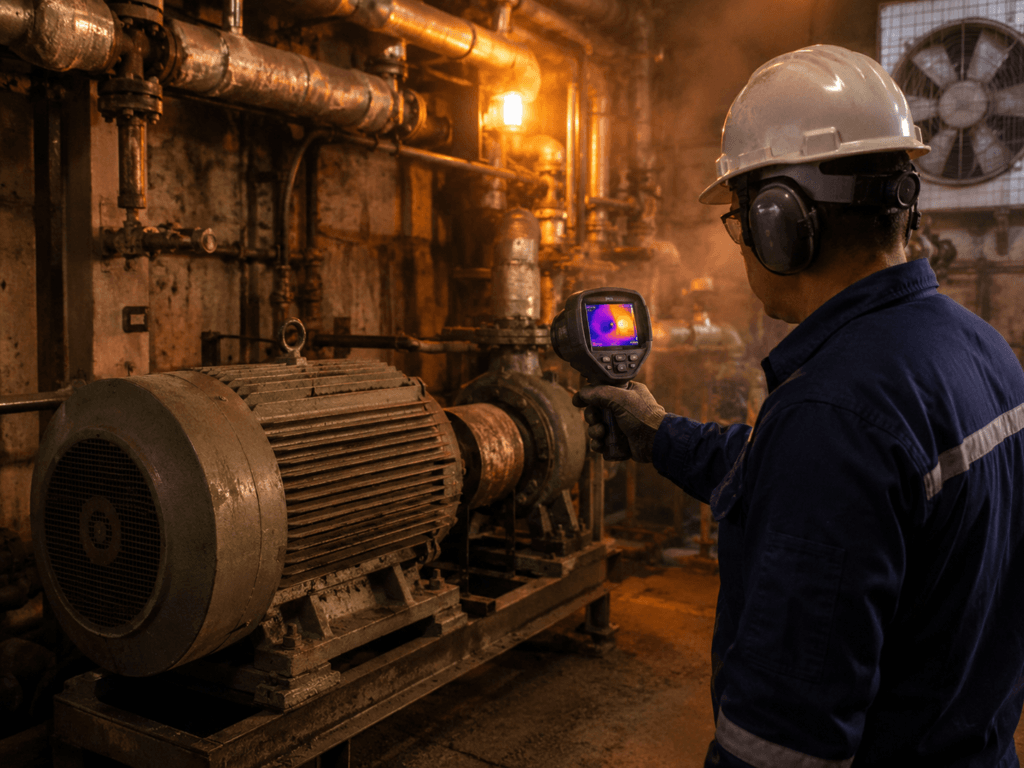 Technician using a thermal camera to inspect an electric motor installed near hot process piping