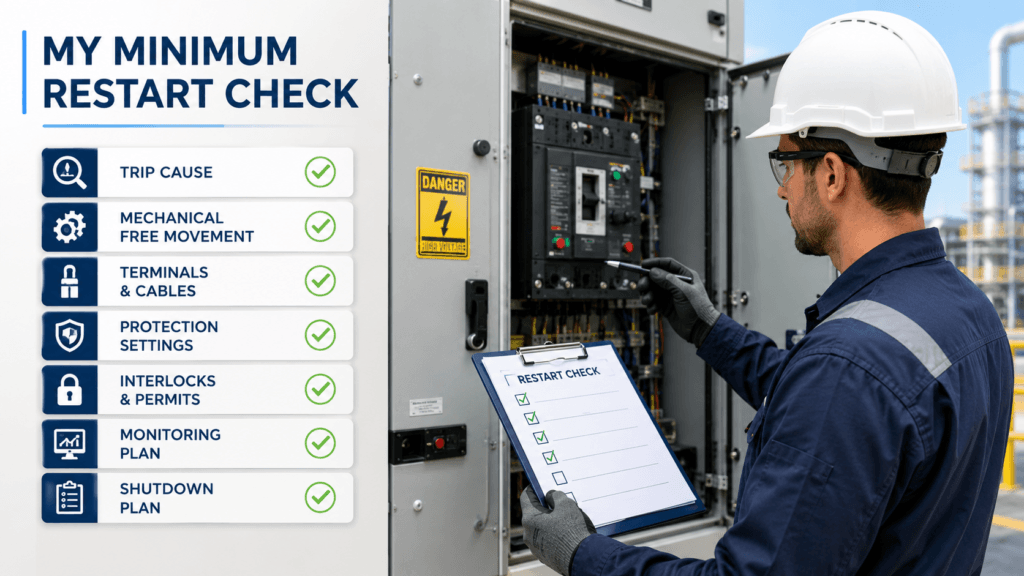 Electrical engineer verifying trip cause, cables, protection settings, interlocks, and monitoring plan before restart