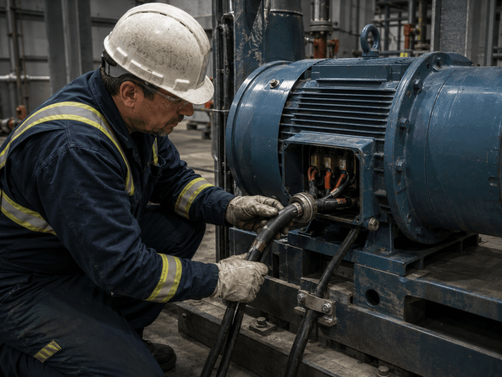 Electrical technician inspecting a motor cable and terminal connection for vibration-related damage