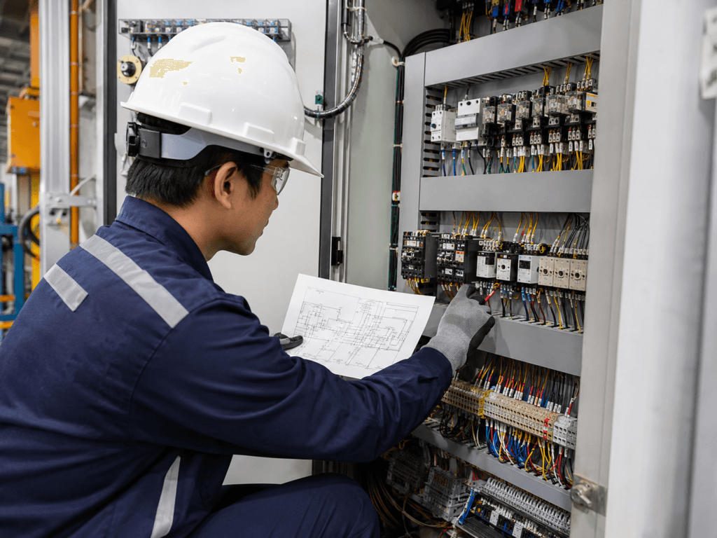 Engineer tracing an interlock circuit using a wiring diagram in front of an electrical control cabinet