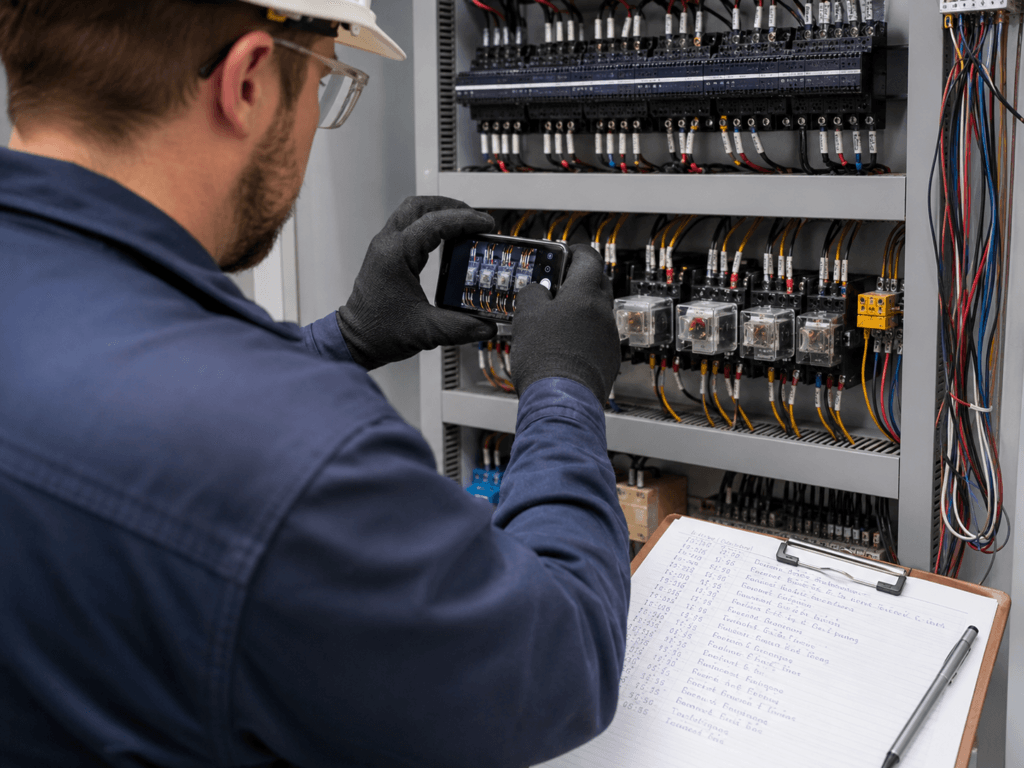 Technician documenting relay conditions with a phone and notes before replacing components