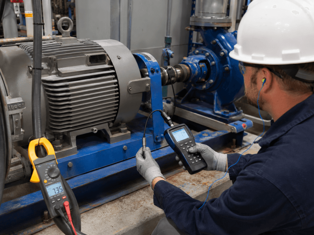 Technician checking motor and pump vibration while monitoring the motor current with a clamp meter