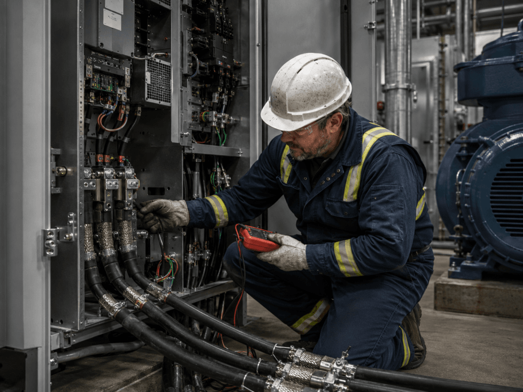Technician inspecting shielded motor cable terminations on the output side of a VFD