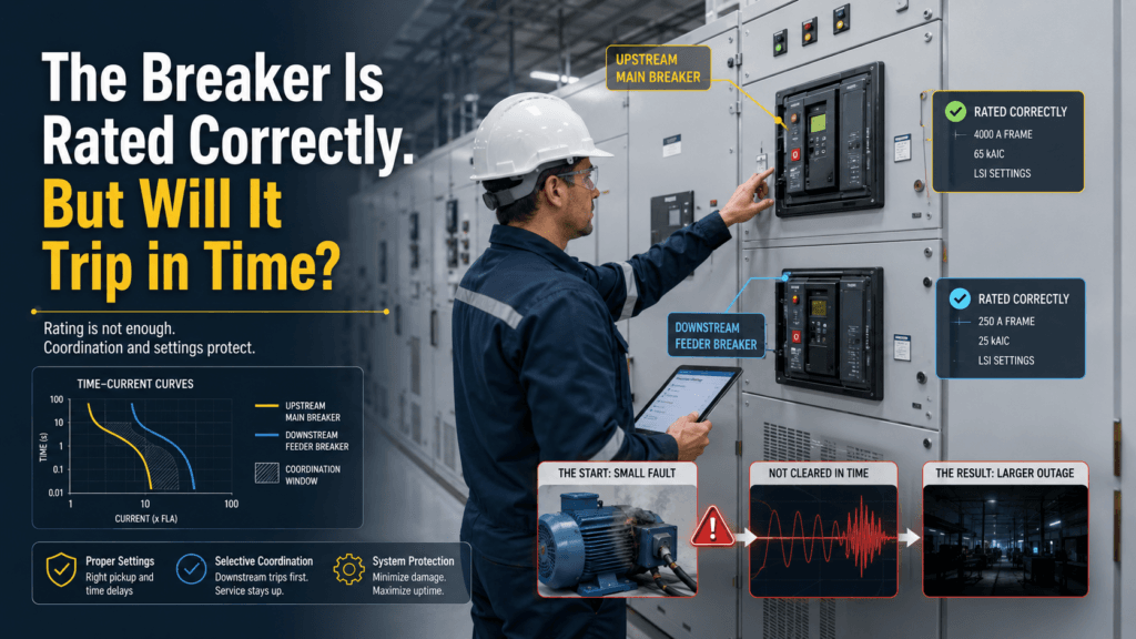 Electrical engineer reviewing upstream and downstream circuit breaker settings to confirm selective protection
