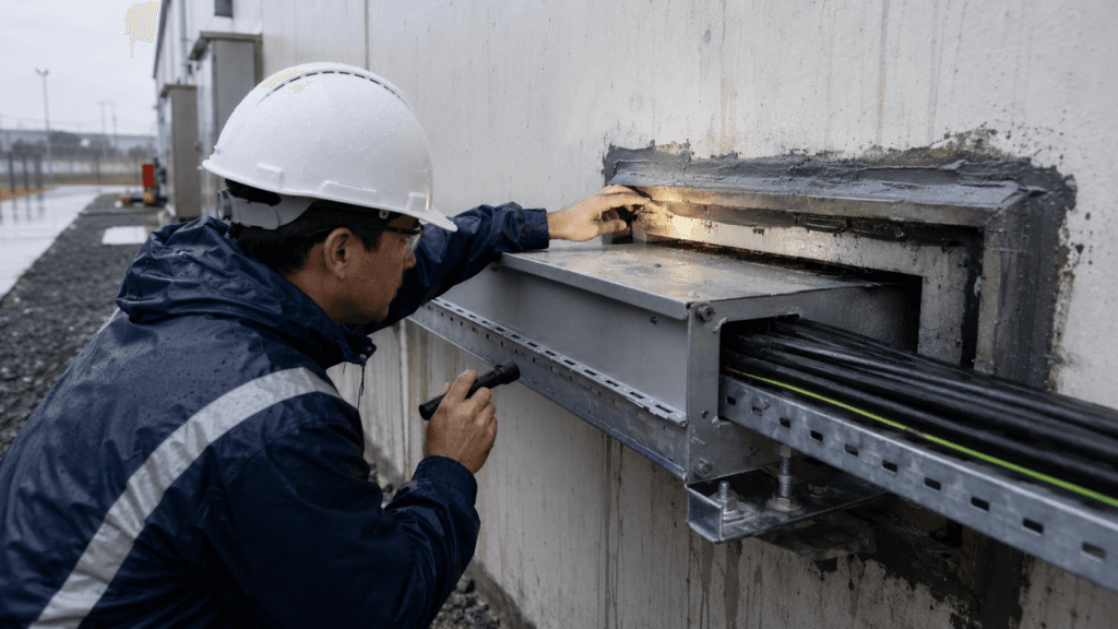 Engineer inspecting a cable tray wall penetration for gaps allowing humid outdoor air into an electrical room