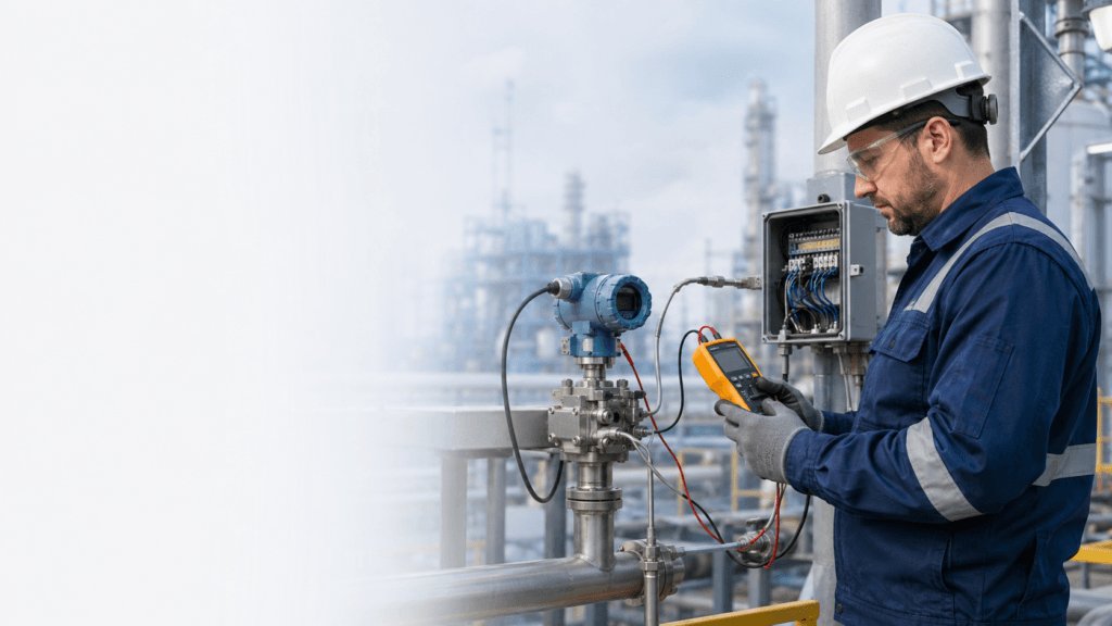Engineer checking a transmitter signal loop before replacement