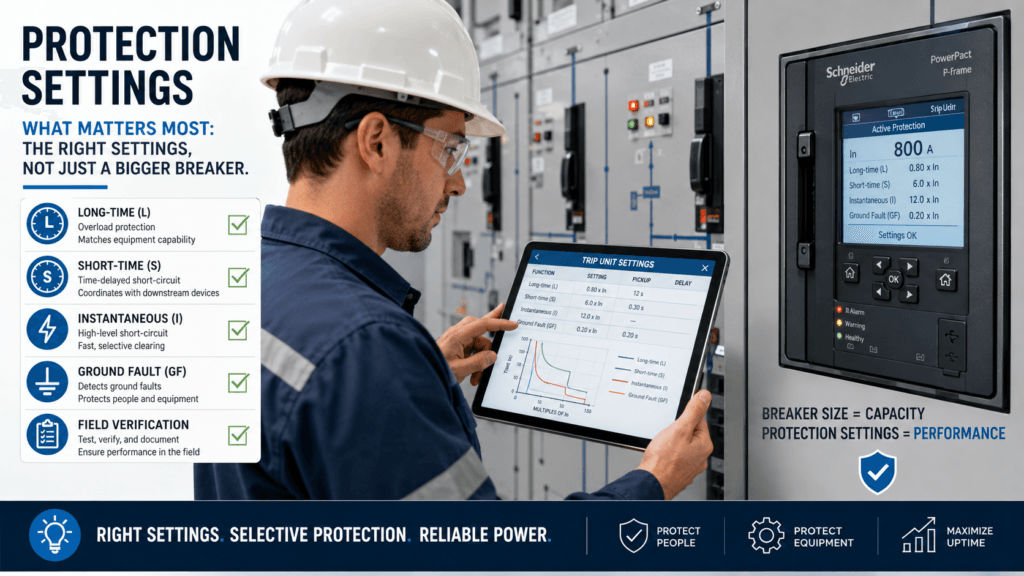 Engineer reviewing long-time, short-time, instantaneous, and ground-fault circuit breaker settings
