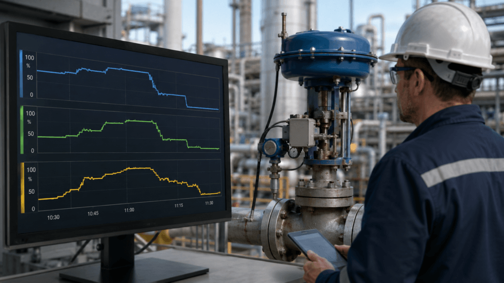Control valve trend showing command and feedback signals that do not match the actual process response