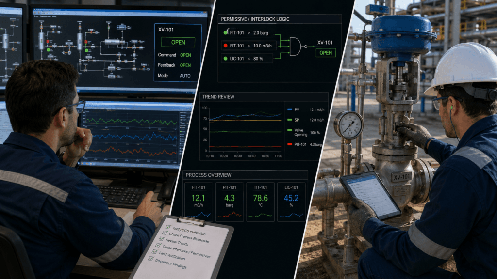 Split-scene troubleshooting view of DCS logic review and field valve inspection with a practical checklist