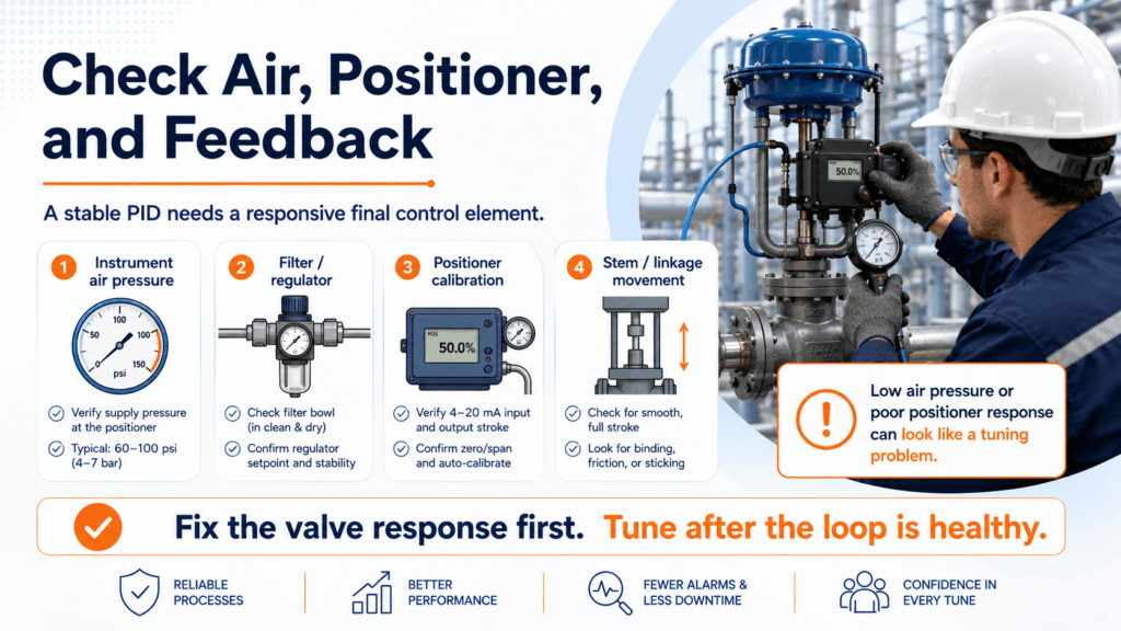 Engineer checking instrument air pressure, valve positioner calibration, and stem movement