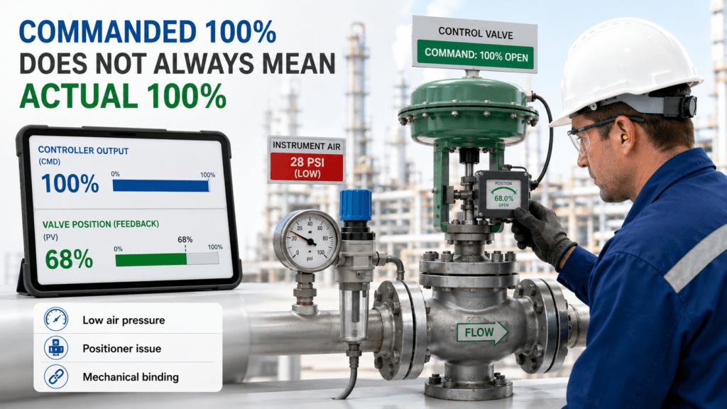 Engineer comparing 100 percent controller output with an actual control valve position of only 68 percent