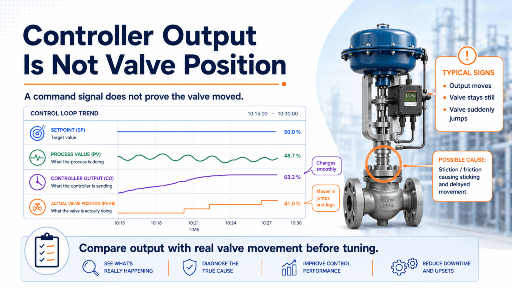 Comparison of controller output and actual valve position showing delayed and jumping valve movement