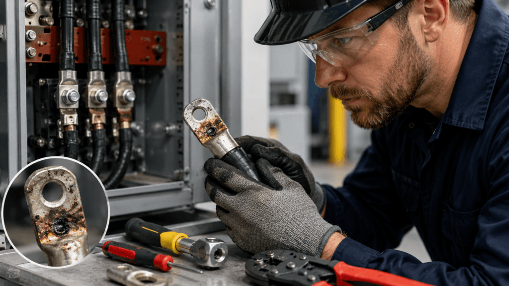 Electrical technician inspecting a heat-damaged cable lug and poor crimp connection