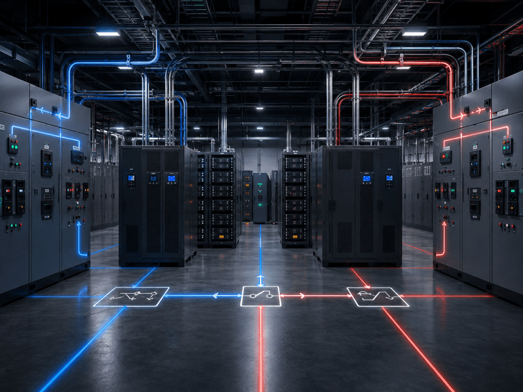 Critical power room with dual electrical paths, bypass routes, tie breaker points, UPS systems, and redundant data center power distribution.