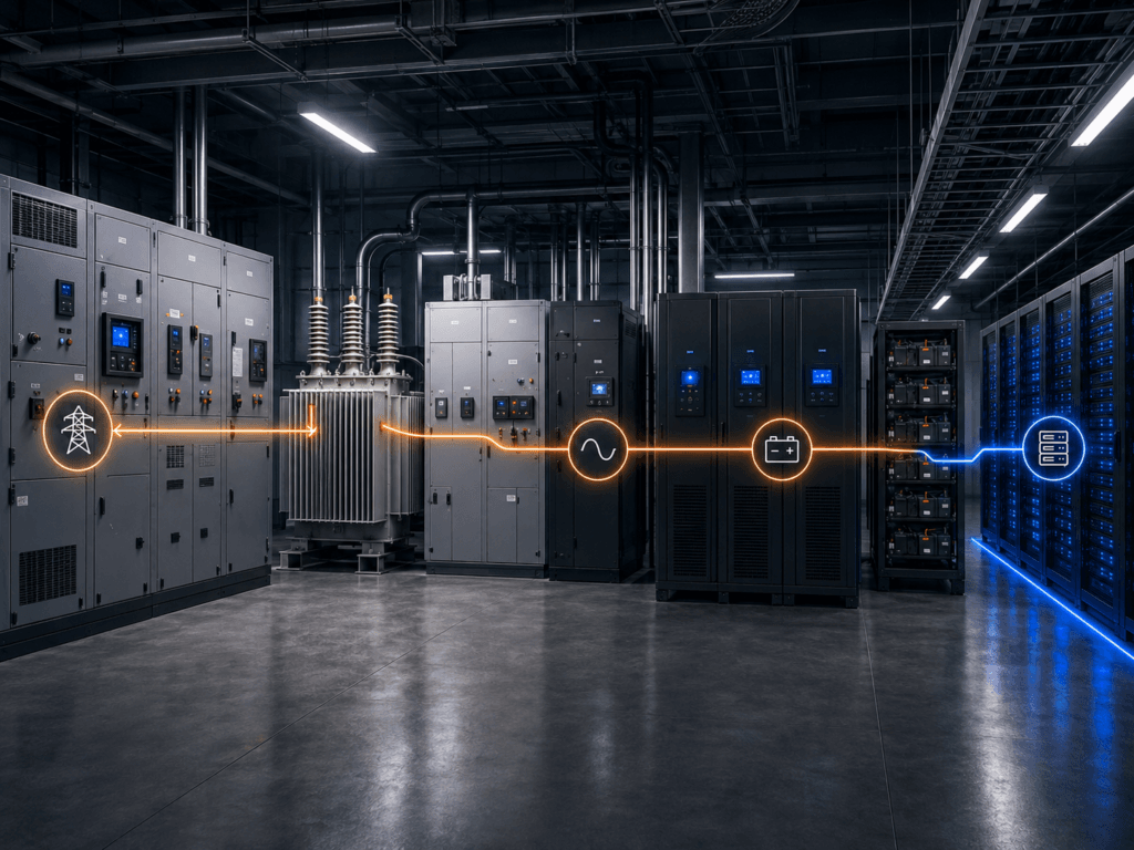 Data center electrical room showing the normal power path from switchgear and transformer through UPS, battery system, and server racks.