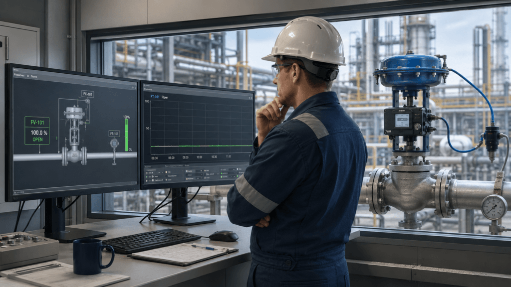 Engineer comparing a DCS valve-open indication with an unchanging process response in the field