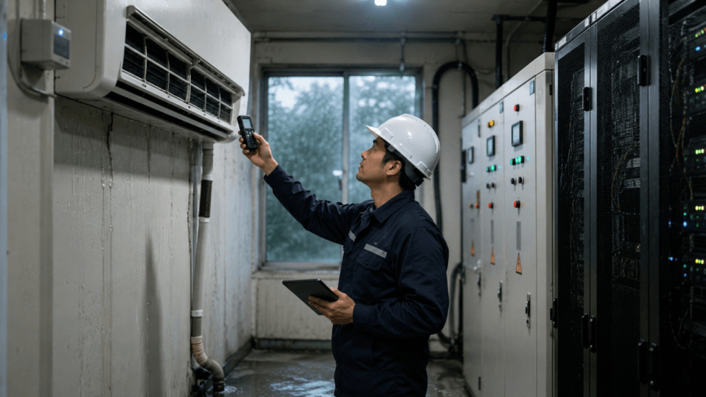 Engineer inspecting an air-conditioning unit and humidity conditions inside an electrical room