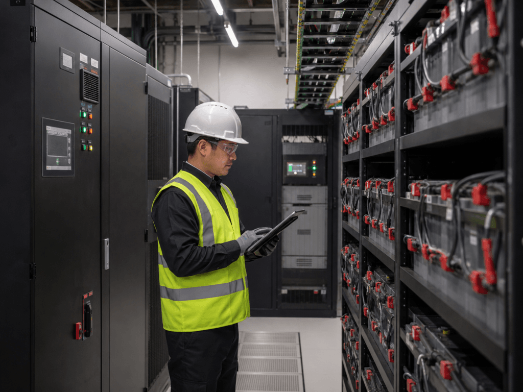 Electrical engineer inspecting UPS cabinets and battery racks with a tablet inside a critical power room.