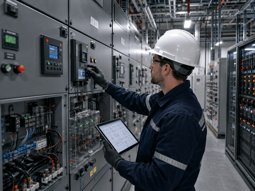 Electrical engineer inspecting protection relays, breaker panels, control wiring, and a single-line diagram on a tablet inside a critical power room.