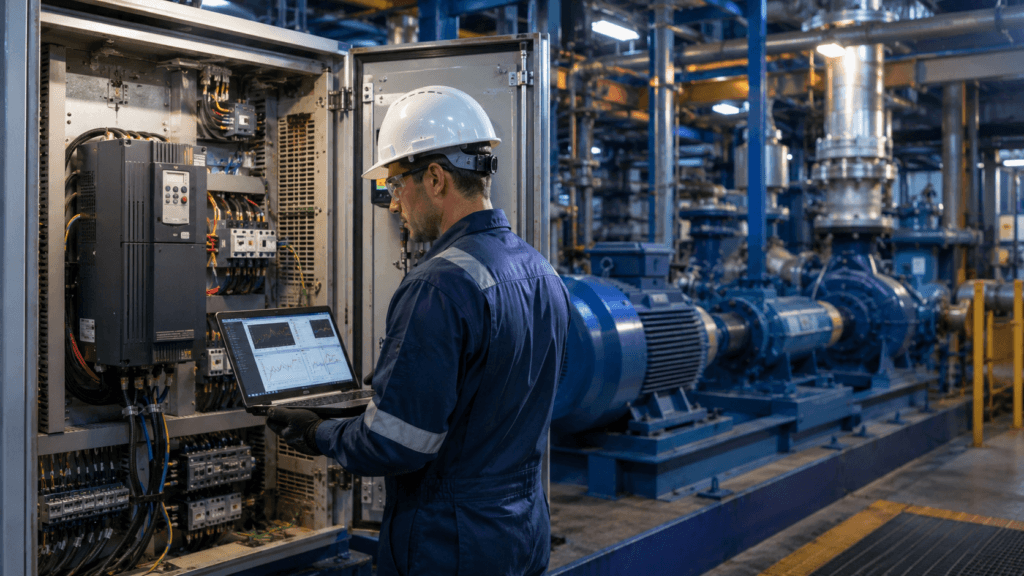 Engineer reviewing VFD fault history and current trend in an industrial control panel