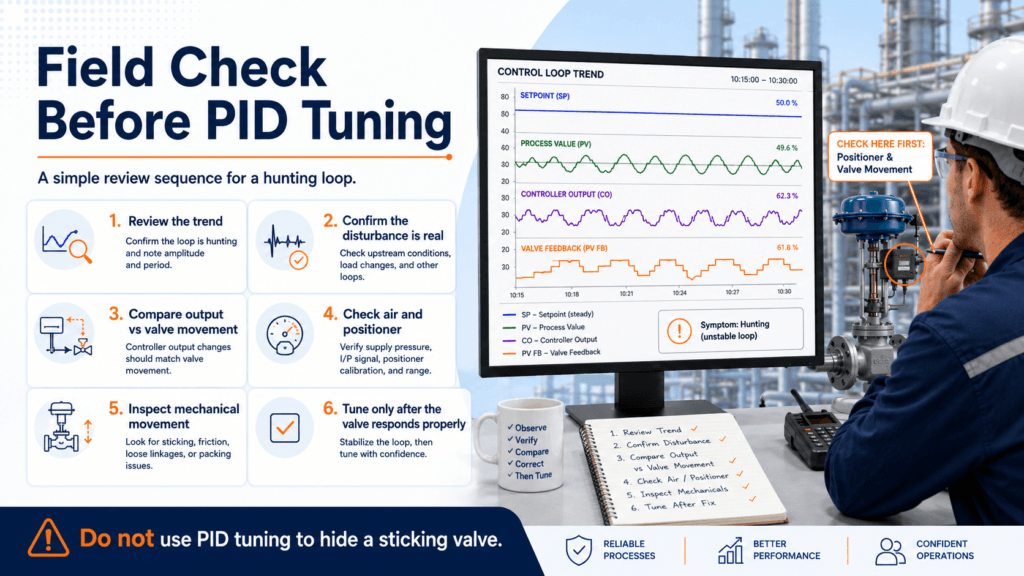 Practical field checklist for reviewing a hunting control loop before PID tuning