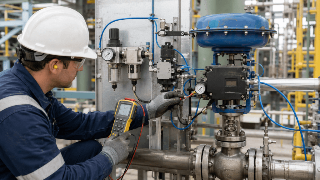 Engineer inspecting a control valve, positioner, instrument air, and field signal during troubleshooting