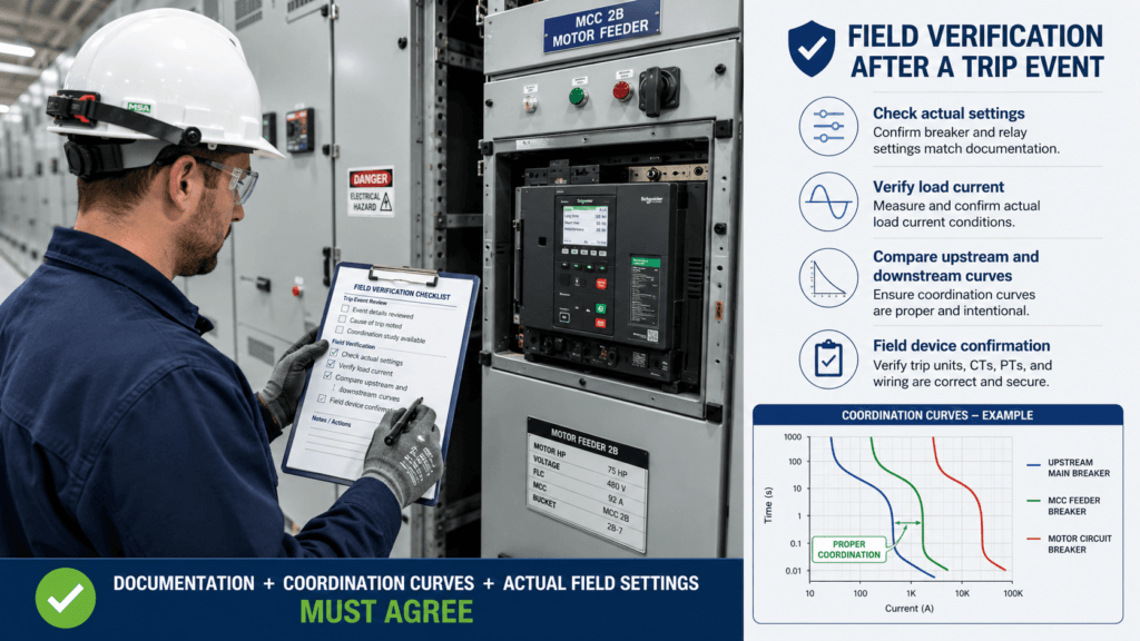 Engineer comparing documented protection curves with actual circuit breaker settings in the field