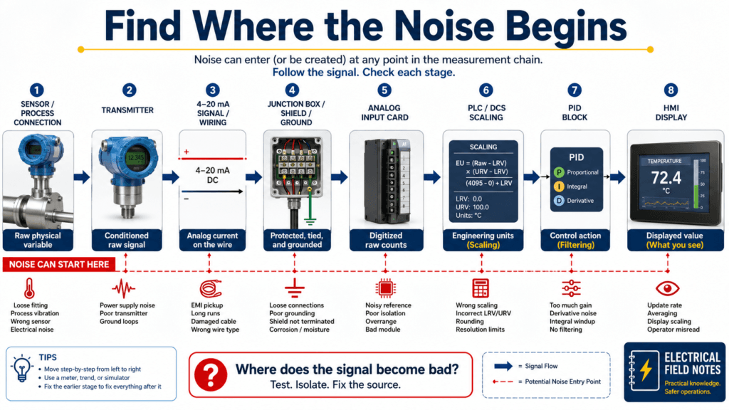 Measurement signal chain showing where noise may begin between the sensor and HMI