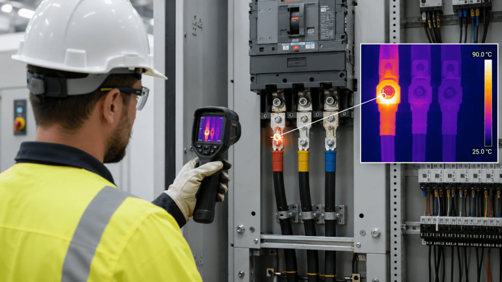 Electrical engineer using a thermal camera to inspect an overheated terminal inside an electrical panel