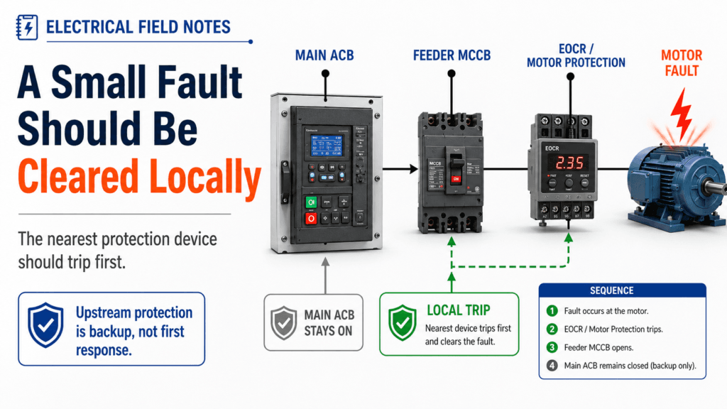 Local motor fault cleared by nearest protection device before upstream breaker