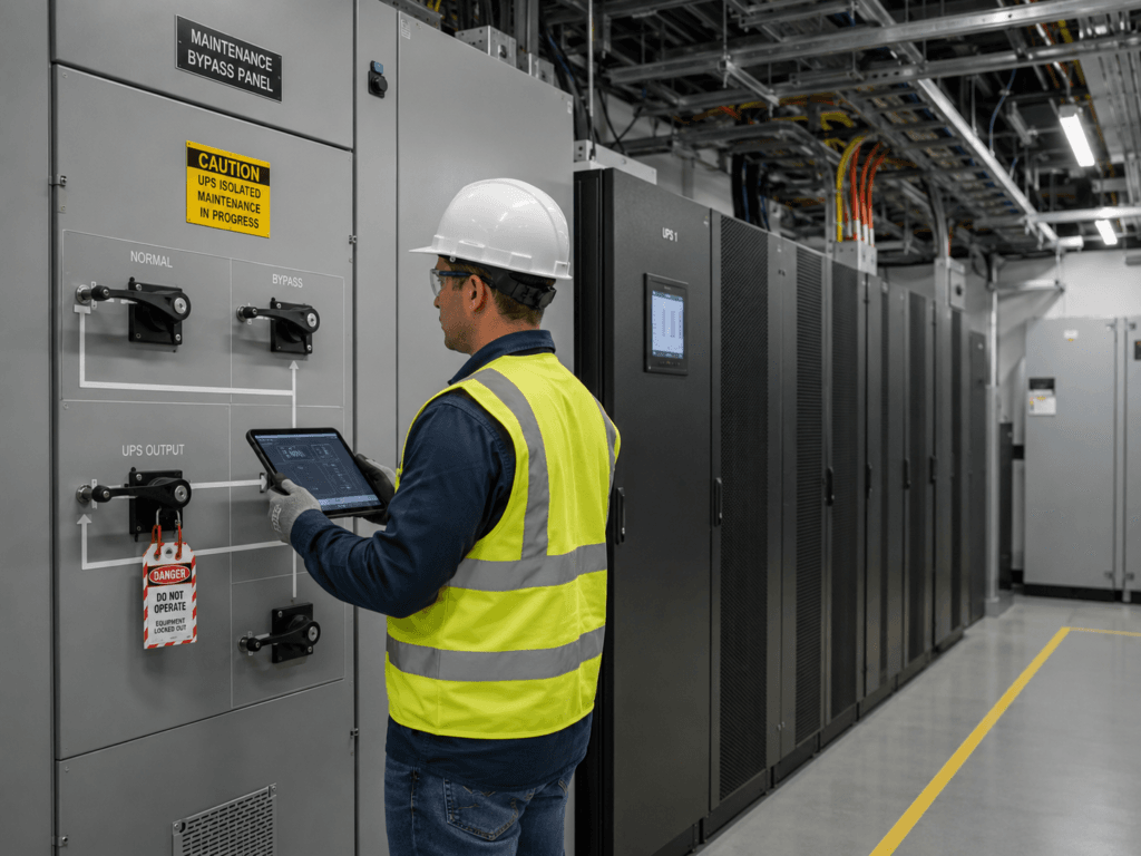 Electrical engineer inspecting a maintenance bypass panel and UPS cabinets during maintenance in a critical power room.