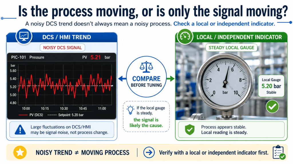 Comparison between a noisy DCS pressure signal and a steady local pressure gauge