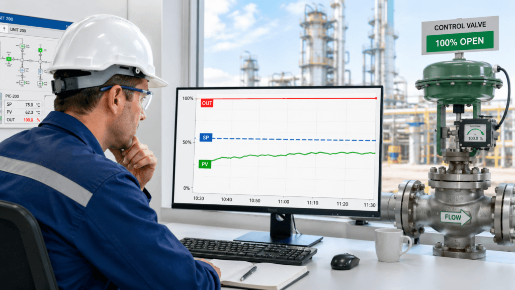 Engineer reviewing a PID loop with controller output saturated at 100 percent while the process value remains below setpoint