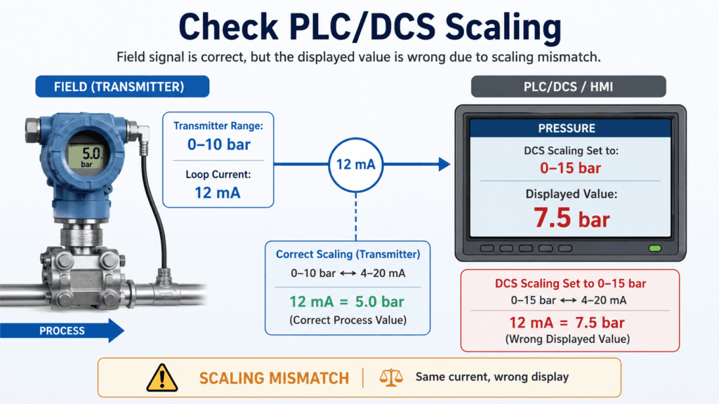 PLC DCS scaling mismatch causing wrong transmitter reading