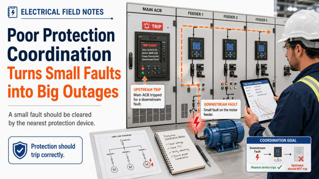 Electrical engineer reviewing protection coordination after main breaker trip