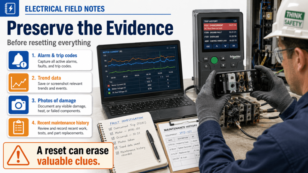 Engineer preserving alarm codes, trend data, damage photos, and maintenance history before reset