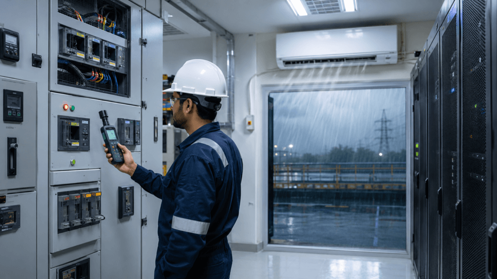 Electrical engineer checking temperature and humidity in an electrical and rack room during the rainy season