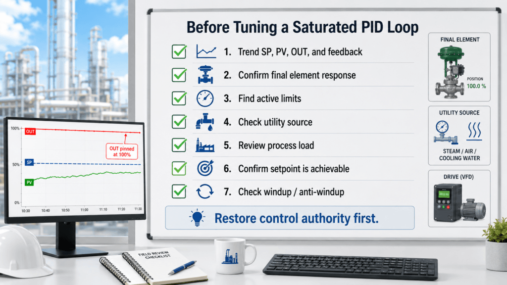 Practical field checklist for troubleshooting a saturated PID loop before changing the tuning
